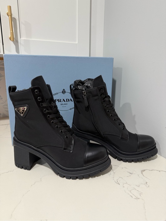 Prada Shoes - Prada brushed leather and nylon laced booties